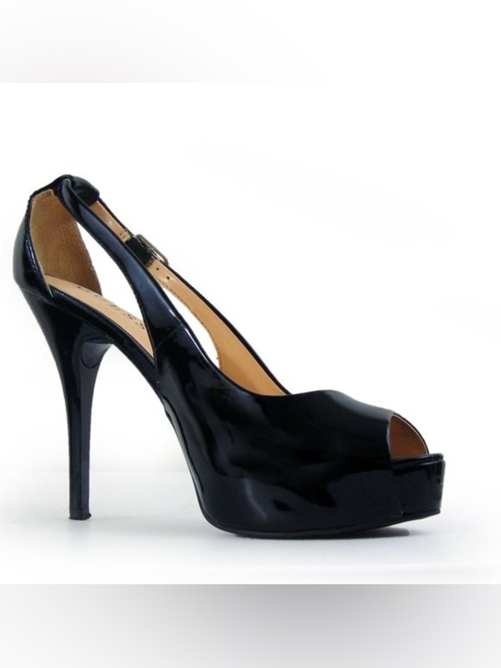 GUESS Black Patent Peep-Toe Slingback Stiletto Heels with Ankle Strap size 8 M